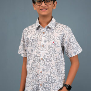 Cotton Floral Printed Boys Shirt - Grey