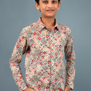 Cotton Long Sleeve Newspaper Printed Boys Shirt - Orange