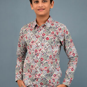 Cotton Long Sleeve Newspaper Printed Boys Shirt - Red