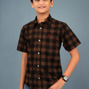 Cotton Check Boys Shirt - Brown