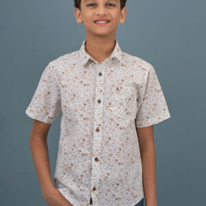 Cotton Floral Printed Boys Shirt - Beige