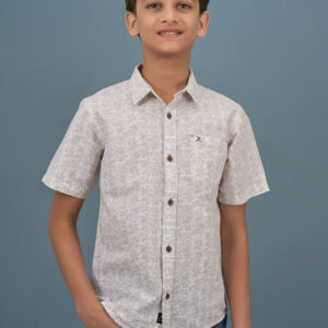 Cotton Leaf Printed Boys Shirt - Cream