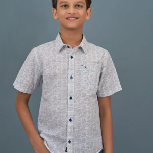 Cotton Leaf Printed Boys Shirt - Light Blue