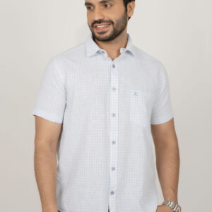 Slim Fit Cotton Linen Checks Shirt - Light Blue