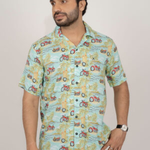 Slim Fit Printed Cuban Collar Shirt - Light Green