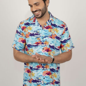 Slim Fit Printed Cuban Collar Shirt - Light Blue