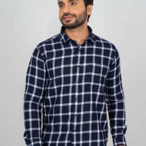 Slim Fit Long Sleeve Check Shirt - Navy Blue